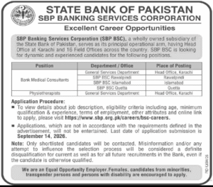 SBP BSC Jobs 2026 advertisement for Bank Medical Consultants and Physiotherapists